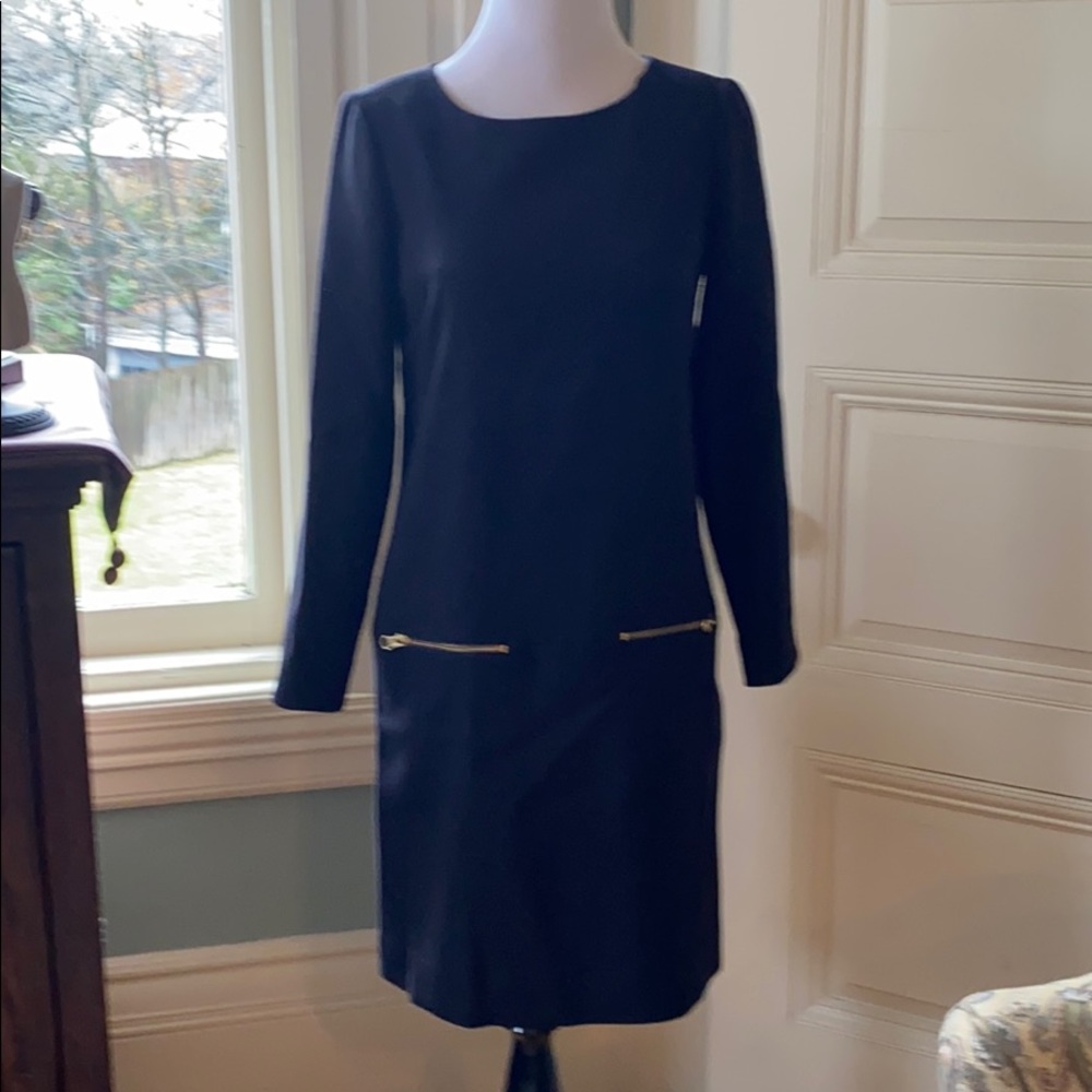 Black JCrew dress w faux leather on sleeve detail